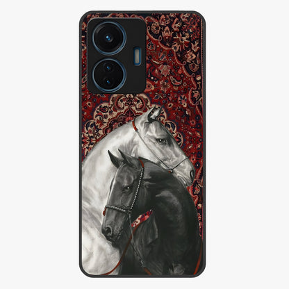 Regal Stallion Tapestry Glass Case showing flat back view with majestic horse tapestry artwork and glossy glass finish.