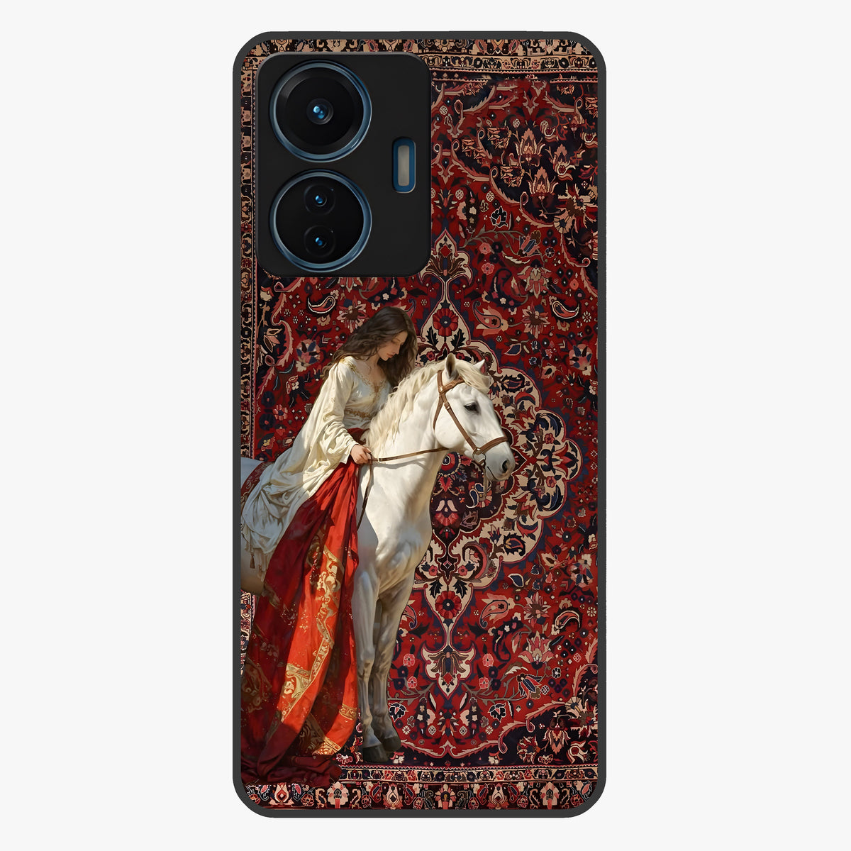 Royal Rider Tapestry Glass Case showing flat back view with majestic horse rider tapestry artwork and glossy glass finish.