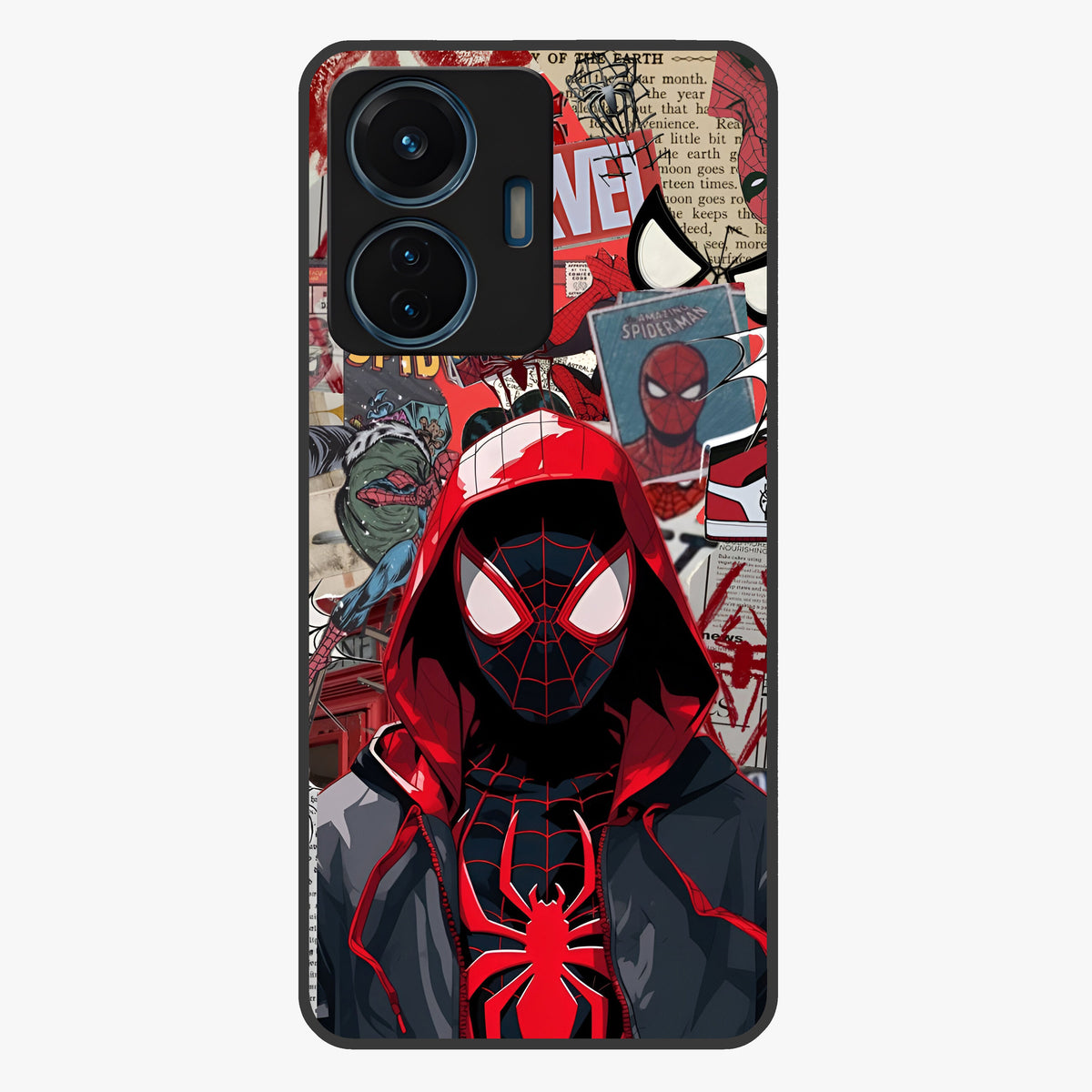 Spider Collage Street Glass Case showing flat back view with vibrant superhero collage artwork and glossy glass finish.