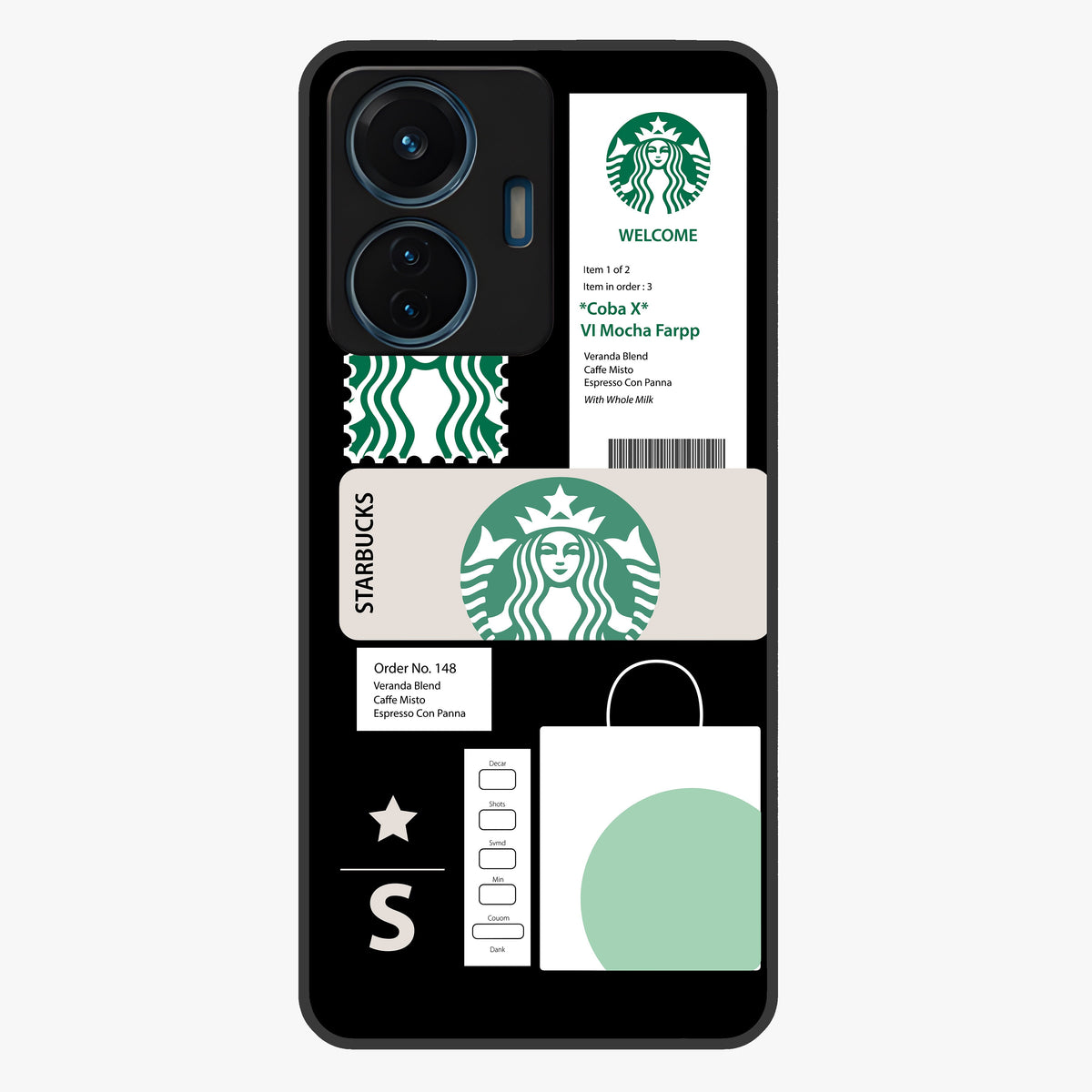 Starbucks Mocha Glass Case showing flat back view with coffee inspired artwork and glossy glass finish.