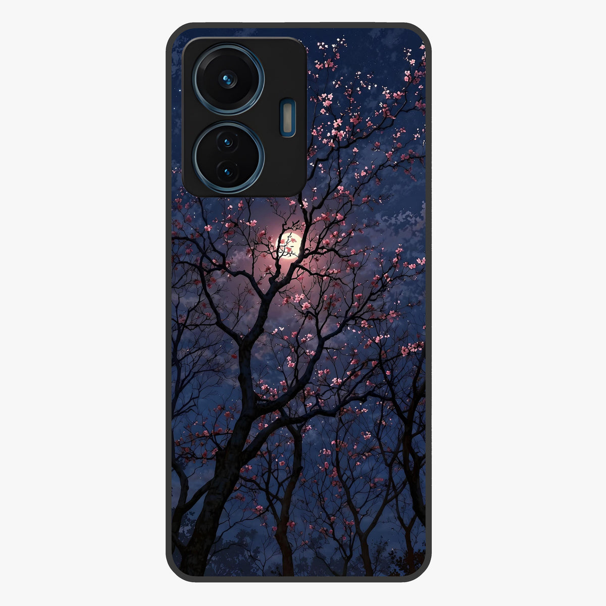 Twilight Sakura Serenade Glass Case showing flat back view with cherry blossom artwork at twilight and glossy glass finish.
