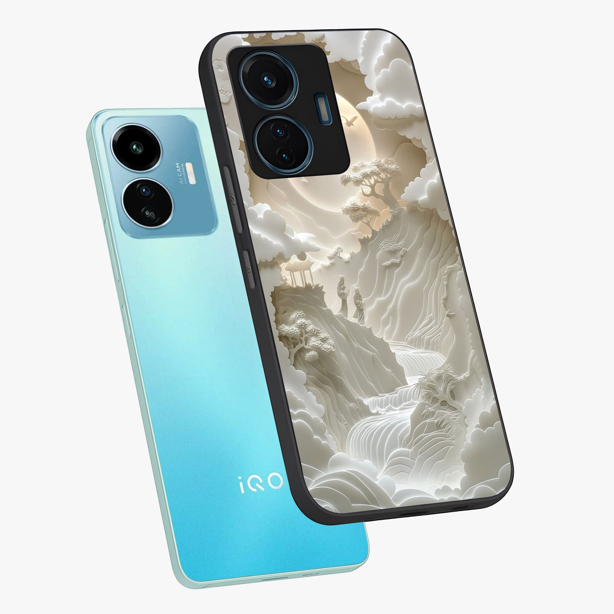 Celestial Origami Glass Case displayed in angled mockup highlighting geometric origami design with cosmic aesthetic theme.