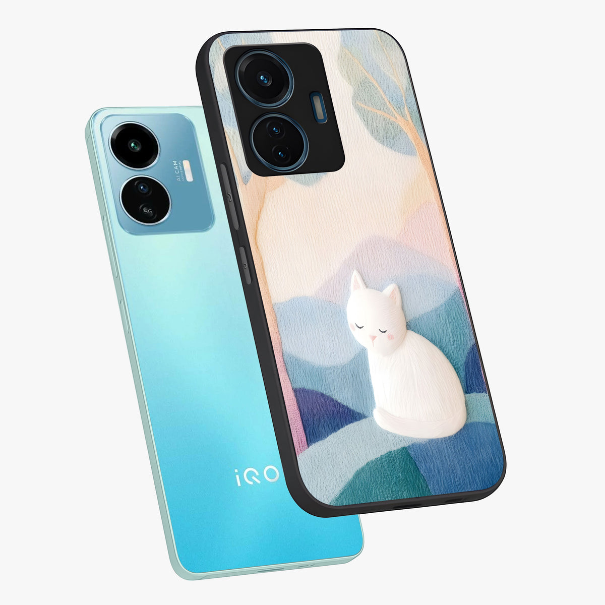 Cotton Dream Cat Glass Case displayed in angled mockup highlighting cute feline illustration with pastel aesthetic style.
