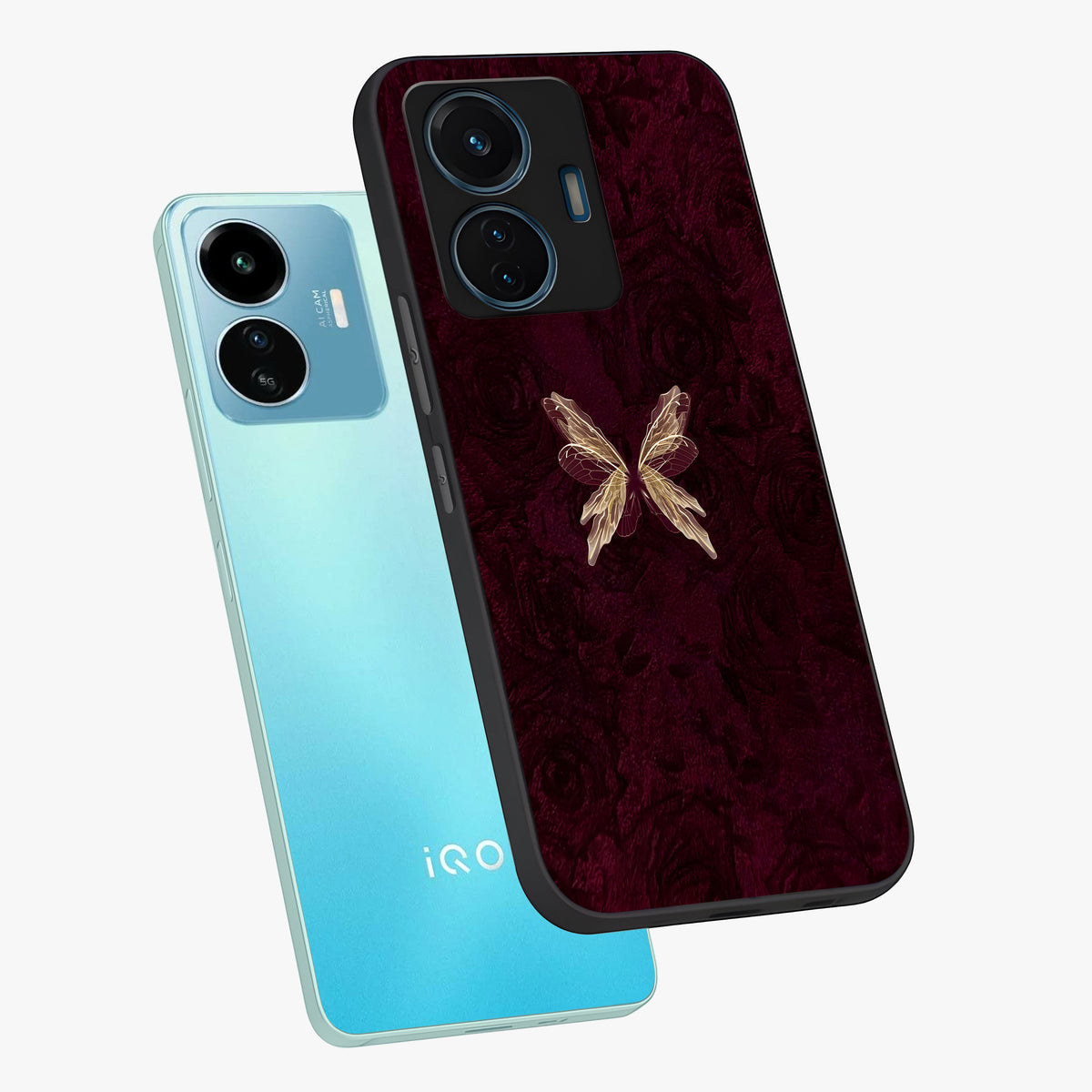 Crimson Fade Butterfly Glass Case displayed in angled mockup highlighting elegant butterfly design with crimson gradient aesthetic.