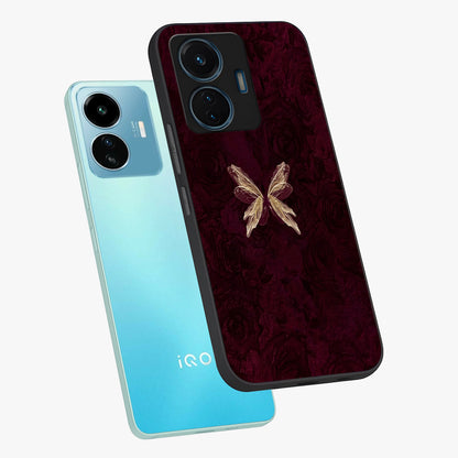 Crimson Fade Butterfly Glass Case displayed in angled mockup highlighting elegant butterfly design with crimson gradient aesthetic.