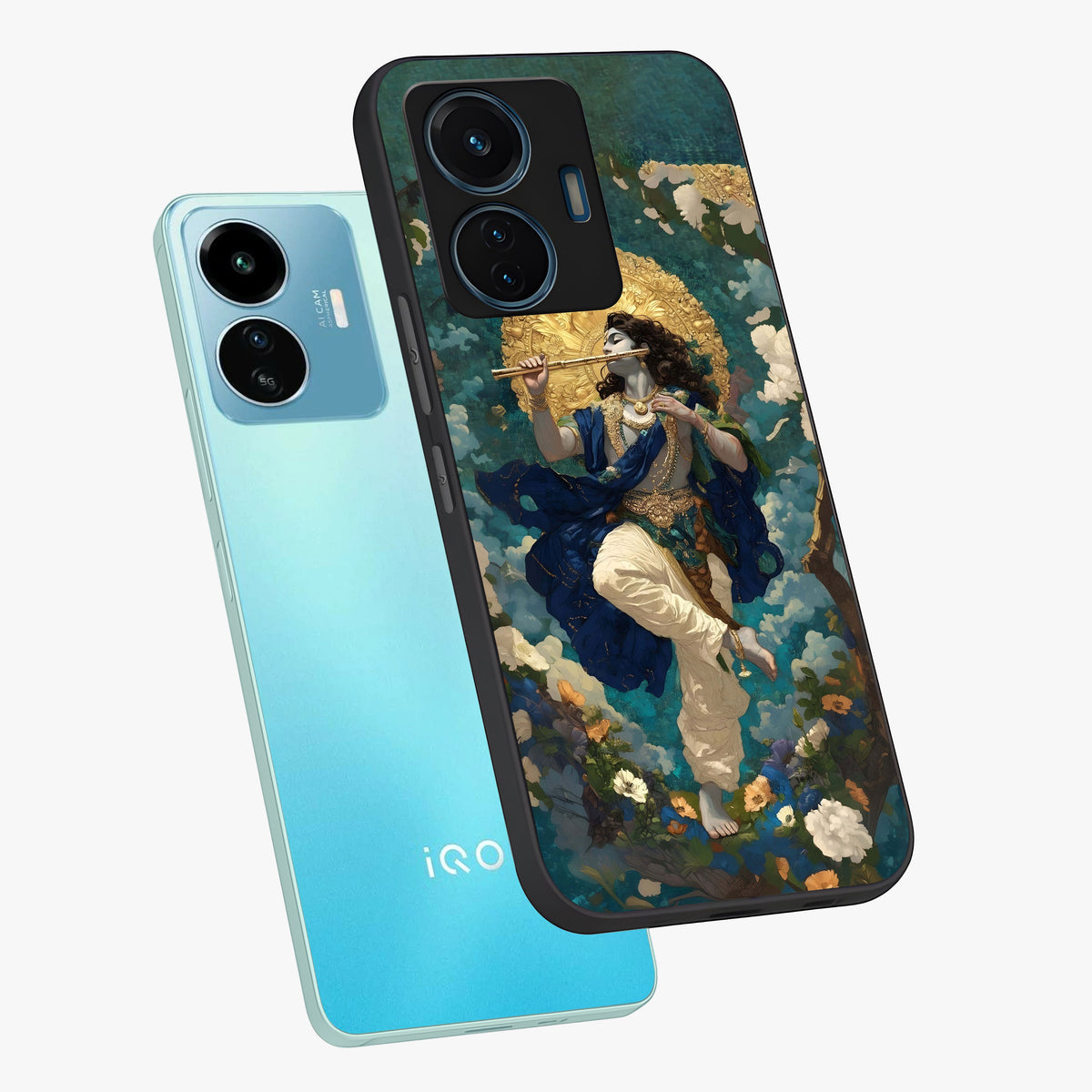 Divine Krishna Art Glass Case displayed in angled mockup highlighting spiritual Krishna illustration with devotional aesthetic.