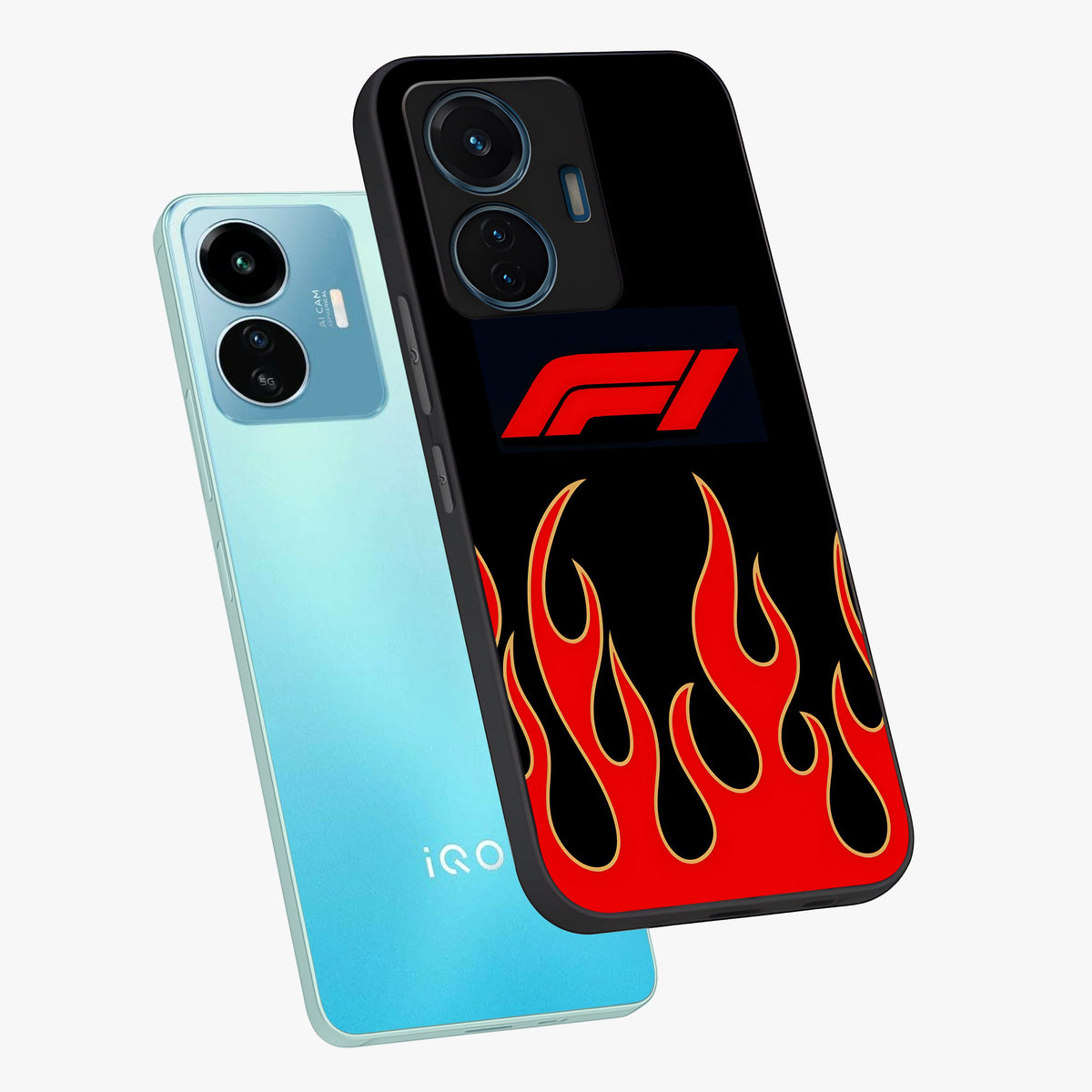 Fire F11 Glass Case displayed in angled mockup highlighting bold fire inspired graphic with energetic aesthetic style.