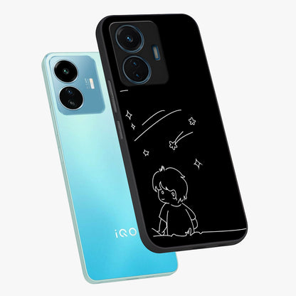 Line Art Boy With Shooting Stars Glass Case displayed in angled mockup highlighting elegant line art design with dreamy star aesthetic.