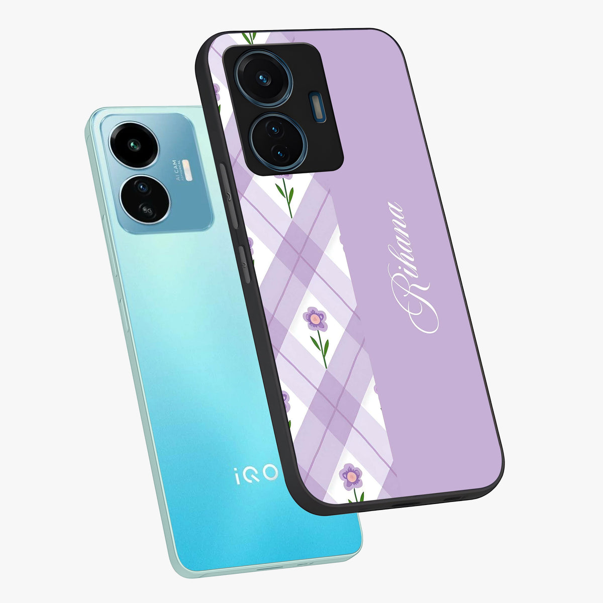 Purple Diamond Floral Glass Case displayed in angled mockup highlighting elegant purple flower design with decorative pattern.