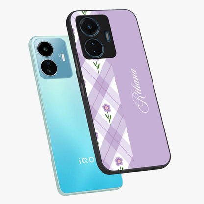 Purple Diamond Floral Glass Case displayed in angled mockup highlighting elegant purple flower design with decorative pattern.