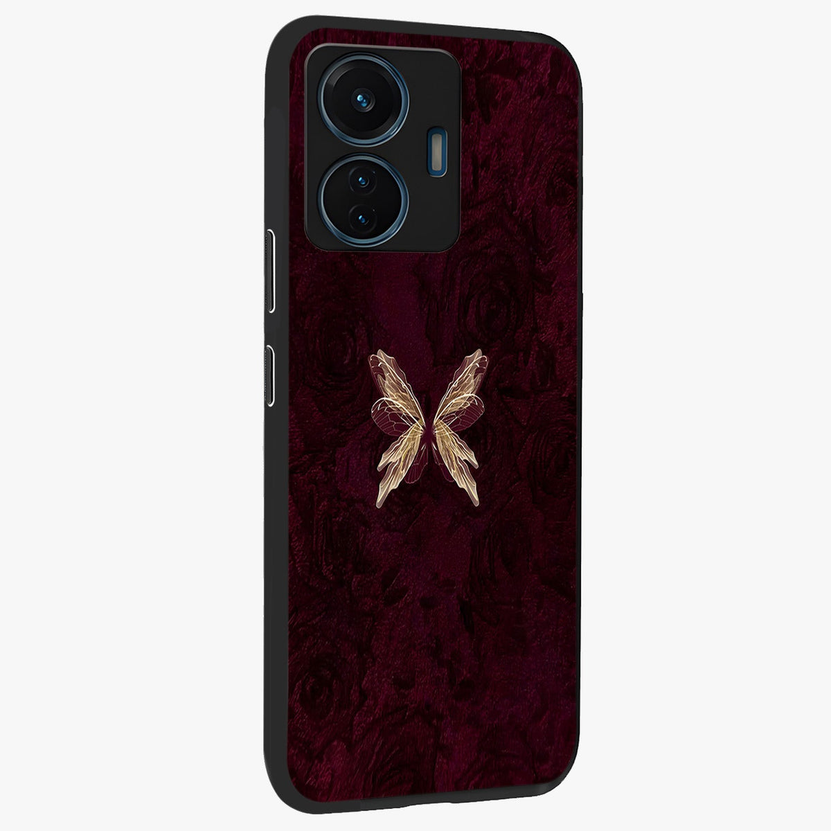 Crimson Fade Butterfly Glass Case upright view showcasing graceful butterfly artwork with soft crimson fade effect.