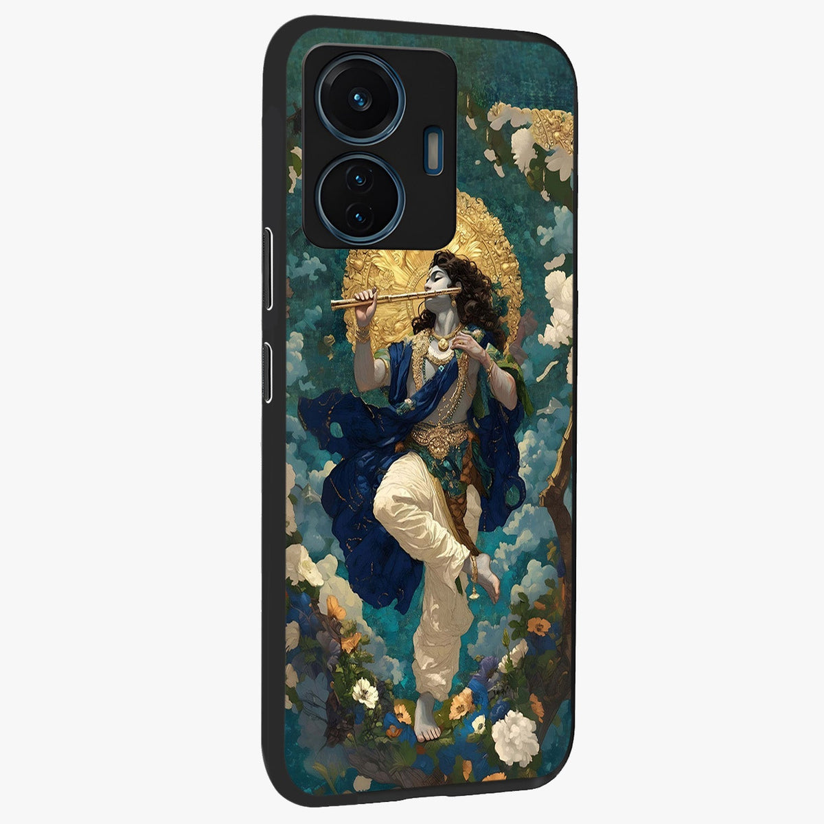 Divine Krishna Art Glass Case upright view showcasing divine Krishna artwork with sacred artistic theme.
