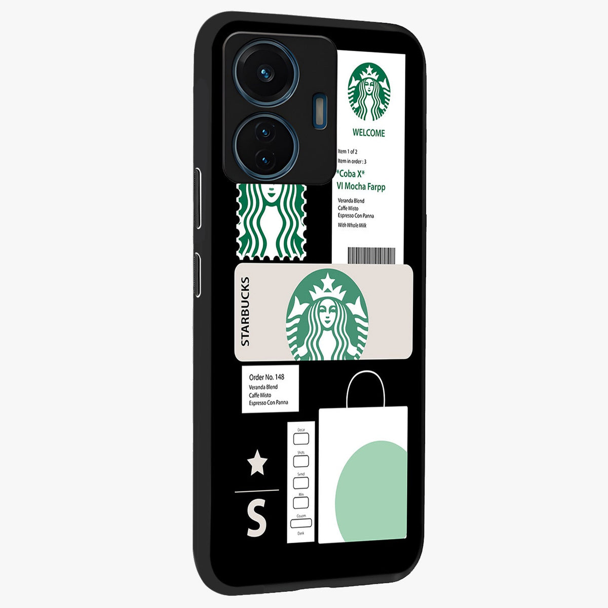 Starbucks Mocha Glass Case upright view showcasing trendy coffee inspired artwork with modern lifestyle theme.