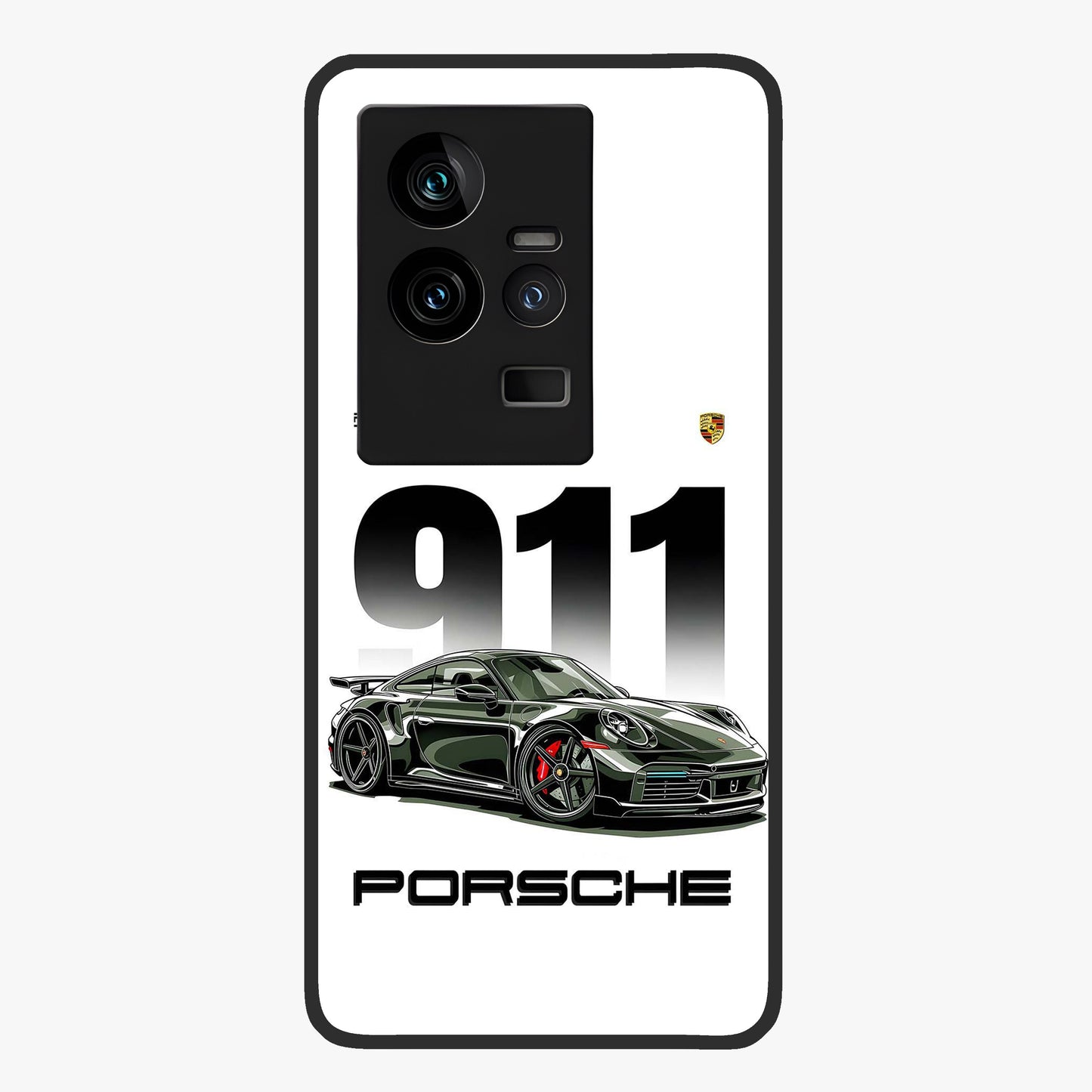 911 Turbo Dominance Glass Case showing clean flat back view with bold 911 sports car artwork and glossy glass finish.