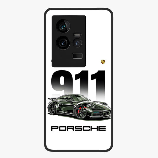 911 Turbo Dominance Glass Case showing clean flat back view with bold 911 sports car artwork and glossy glass finish.