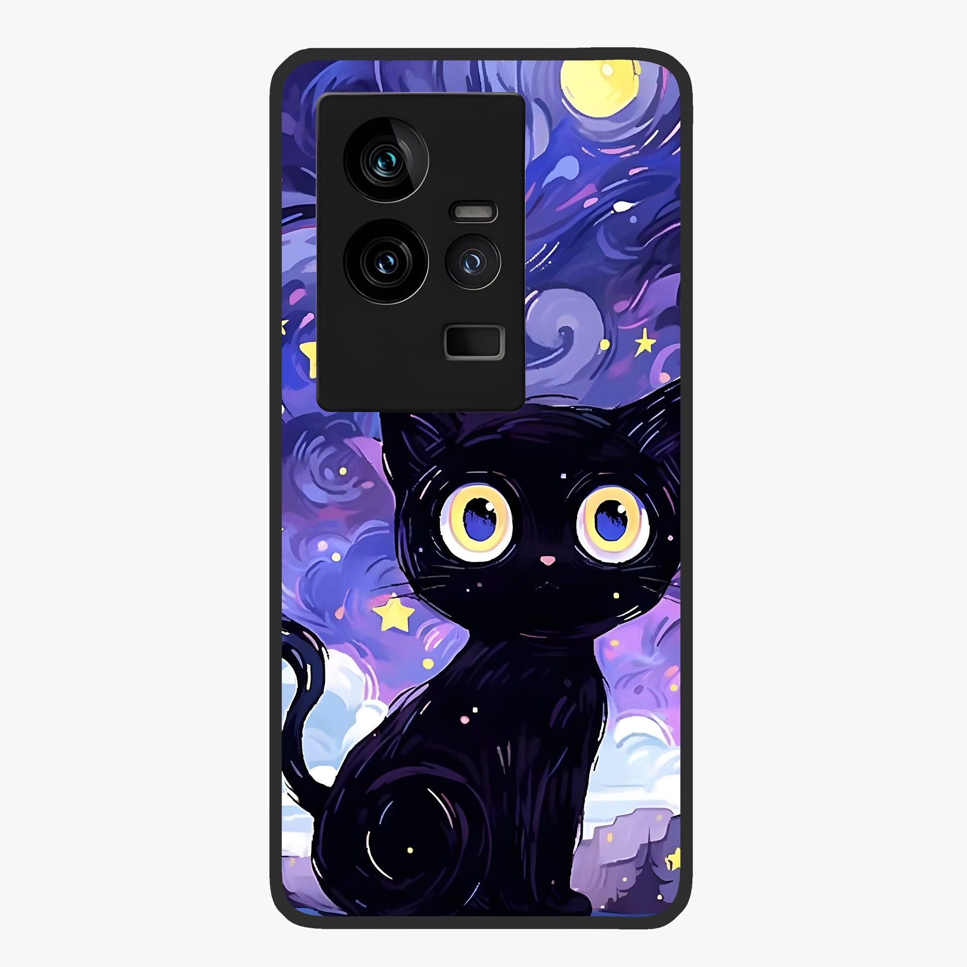 Abstract Cat Art Glass Case showing flat back view with artistic cat illustration and glossy glass finish.