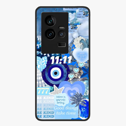 Aesthetic Be Kind Eye Glass Case showing flat back view with motivational eye artwork and glossy glass finish.