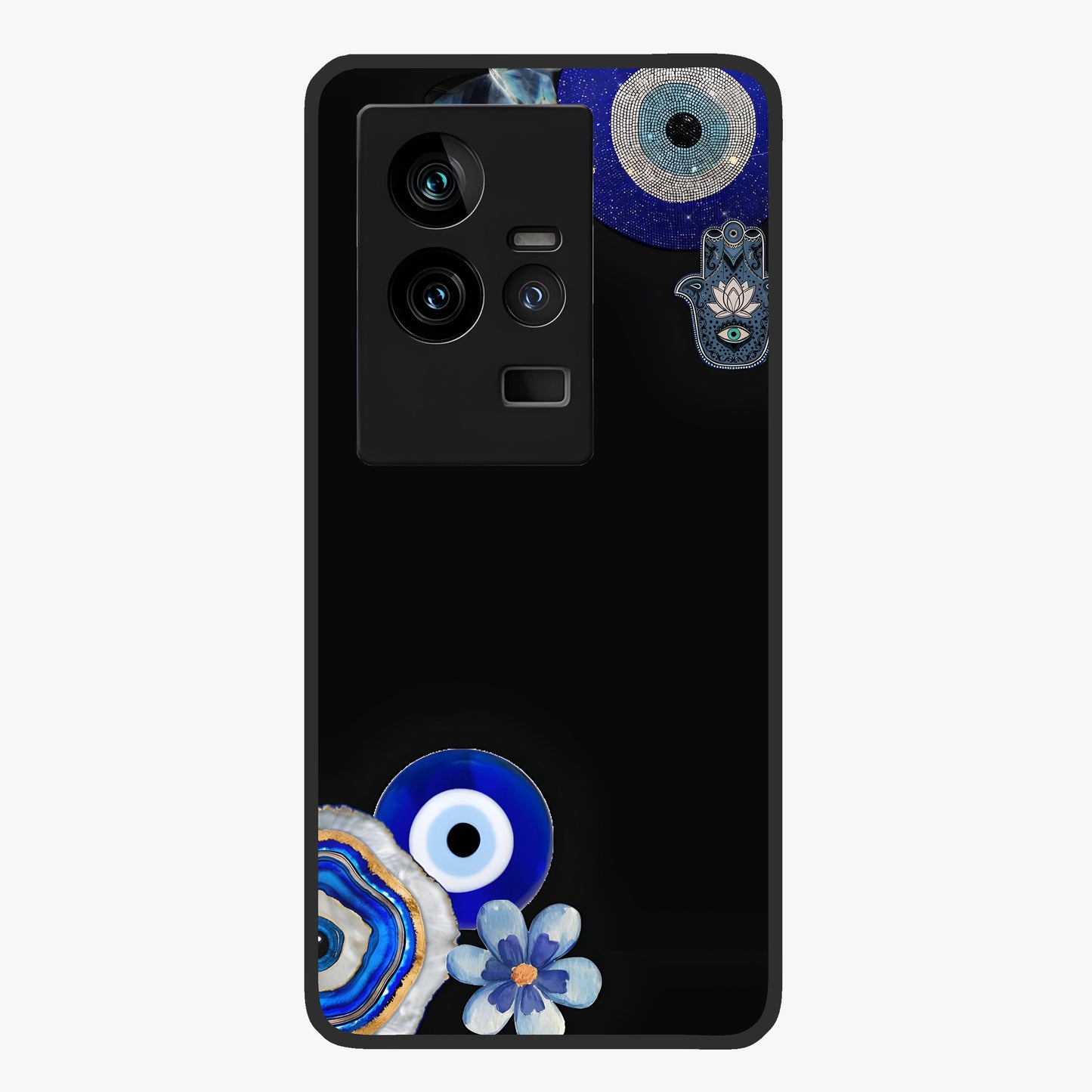 Aesthetic Blue Evil Eye Glass Case showing flat back view with protective evil eye artwork and glossy glass finish.