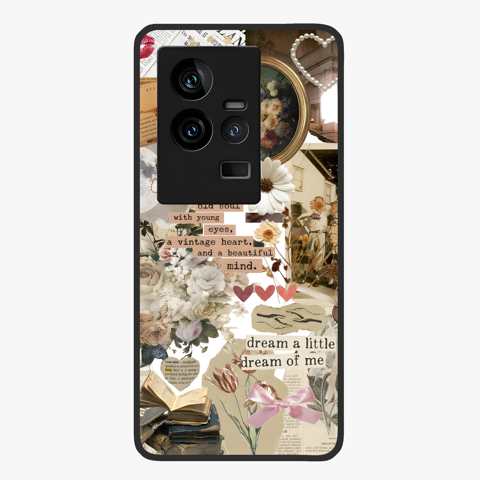 Aesthetic Brown Vintage Collage Glass Case showing flat back view with retro collage artwork and glossy glass finish.