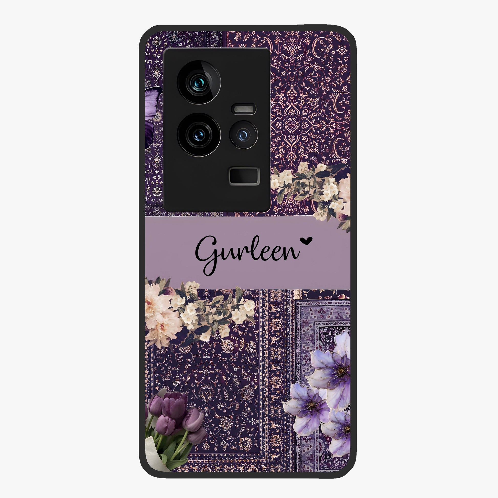 Antique Floral Whisper Custom Name Glass Case showing flat back view with vintage floral artwork and personalized name design.