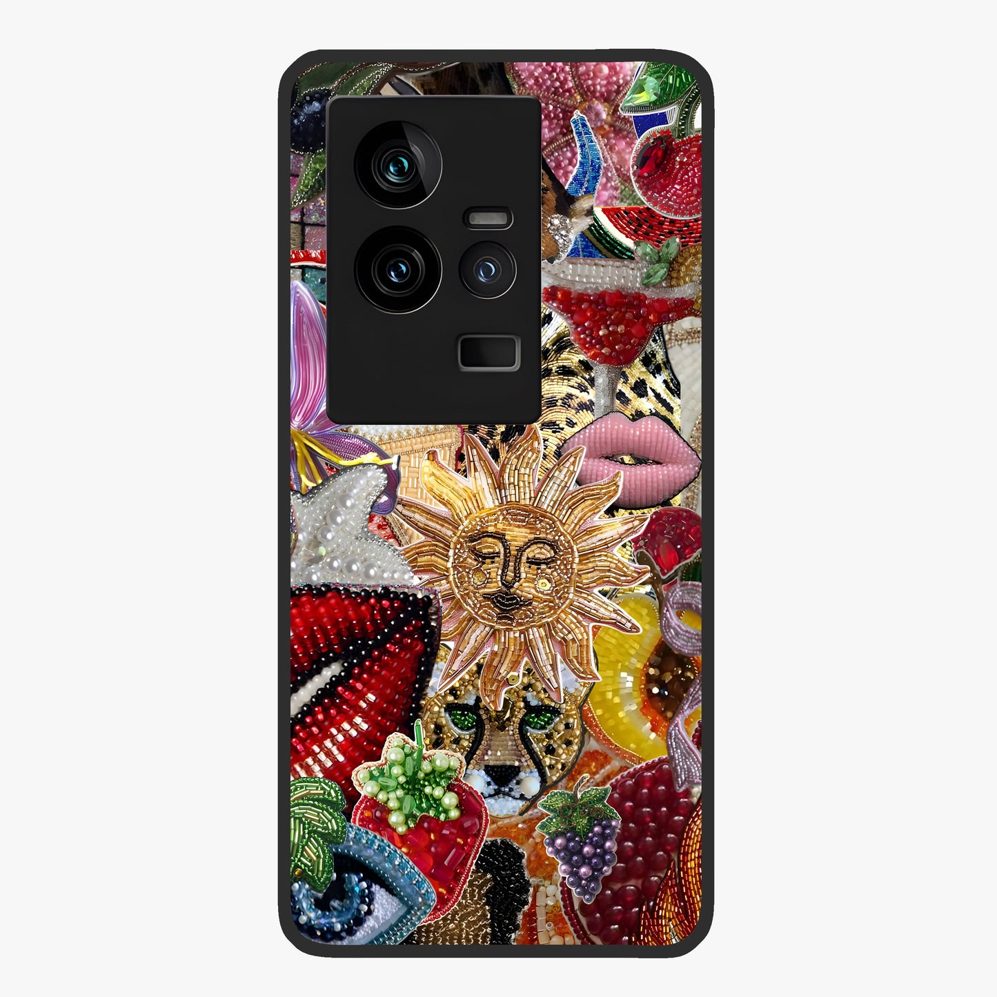 Beaded Fashion Jungle Glass Case showing flat back view with vibrant jungle inspired bead artwork and glossy glass finish.