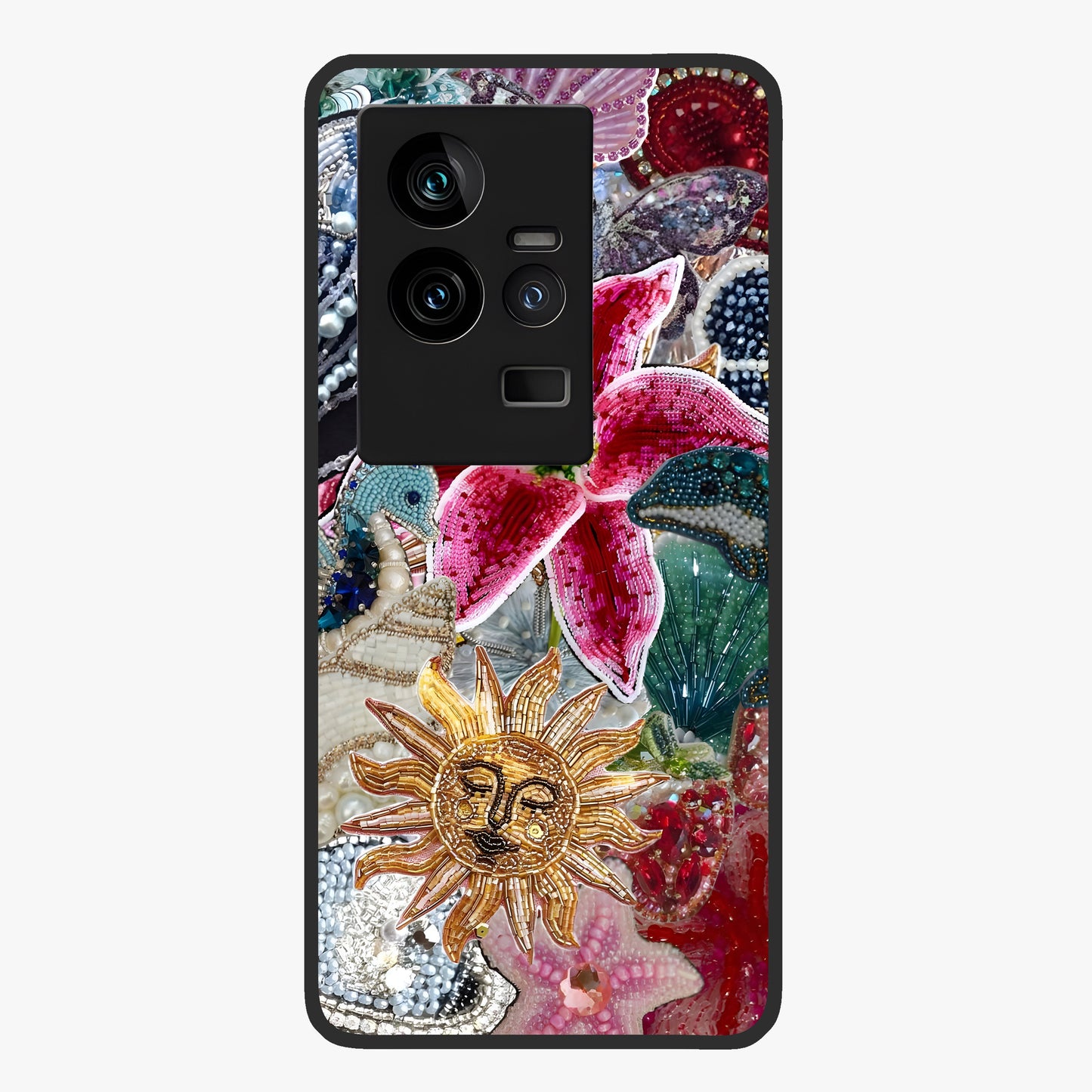 Beaded Garden Fantasy Glass Case showing flat back view with dreamy garden bead artwork and glossy glass finish.