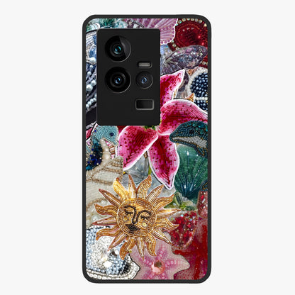 Beaded Garden Fantasy Glass Case showing flat back view with dreamy garden bead artwork and glossy glass finish.