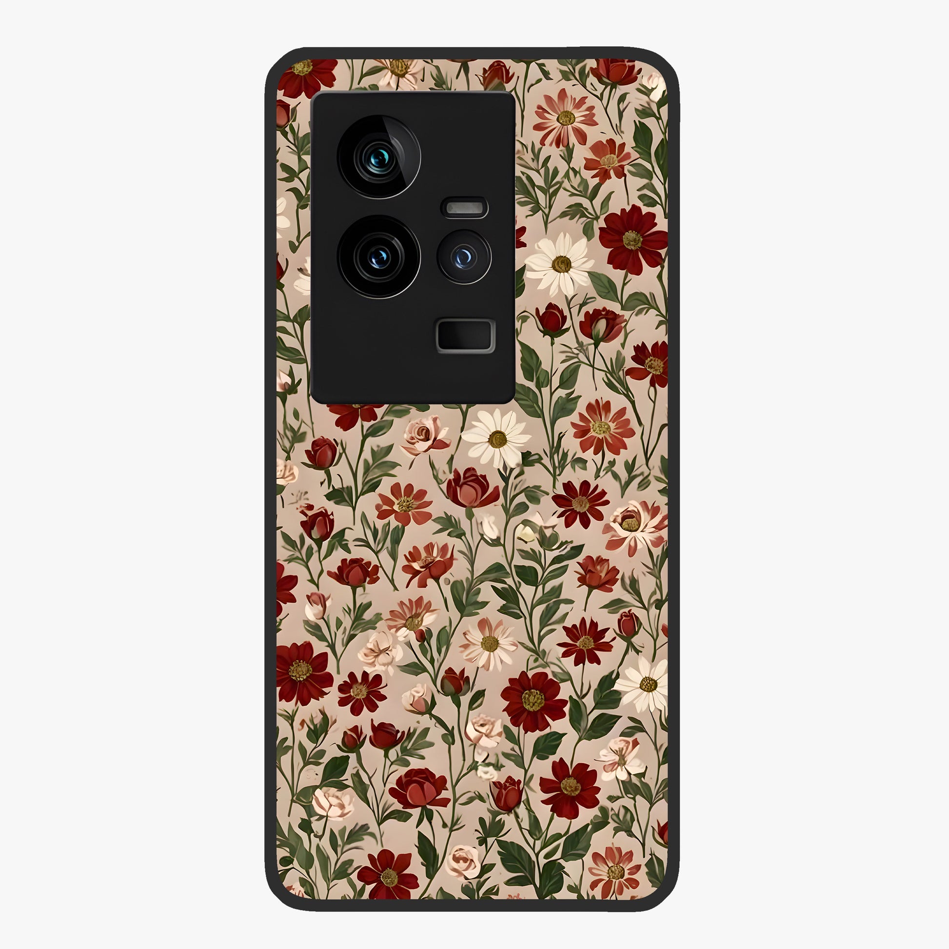 Biege Flower With Leaf Glass Case showing flat back view with soft beige floral artwork and glossy glass finish.