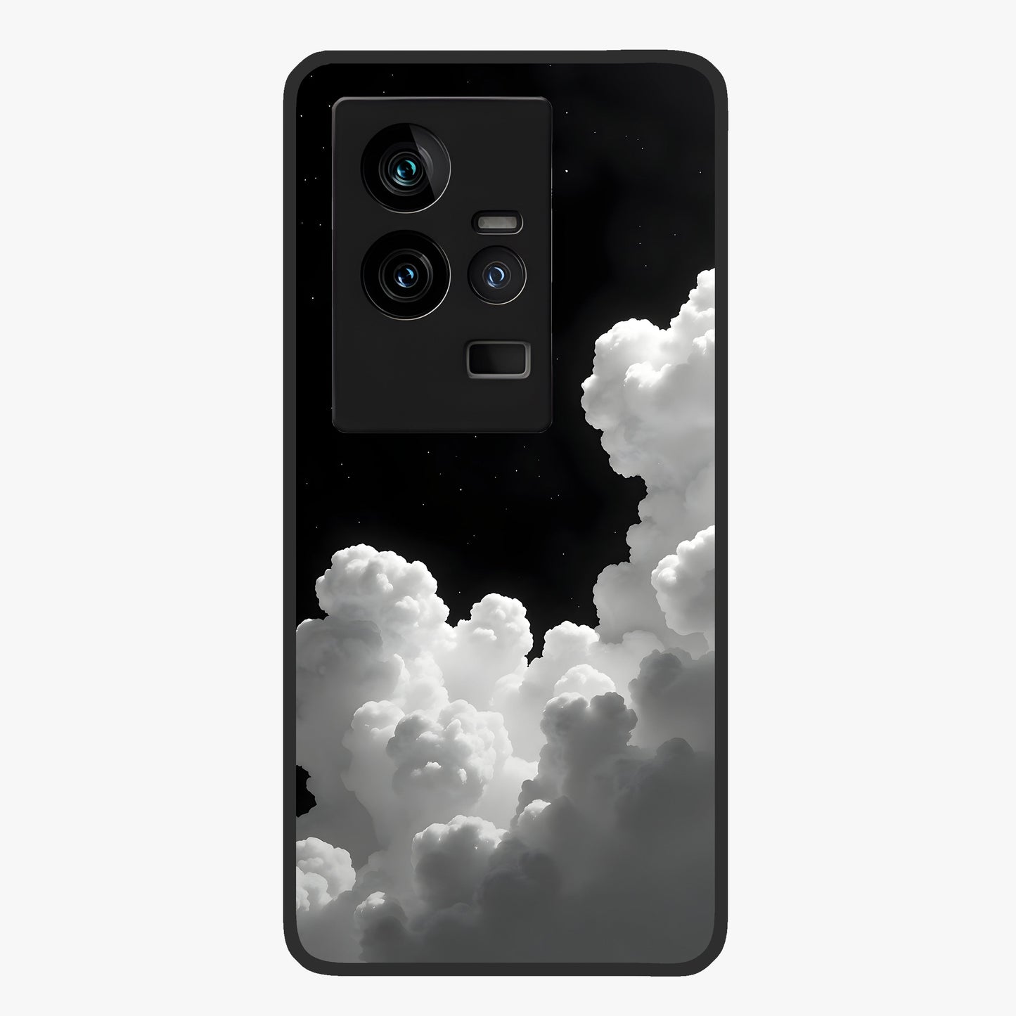 Black Background With White Cloud Glass Case showing flat back view with minimal cloud artwork on dark background and glossy glass finish.