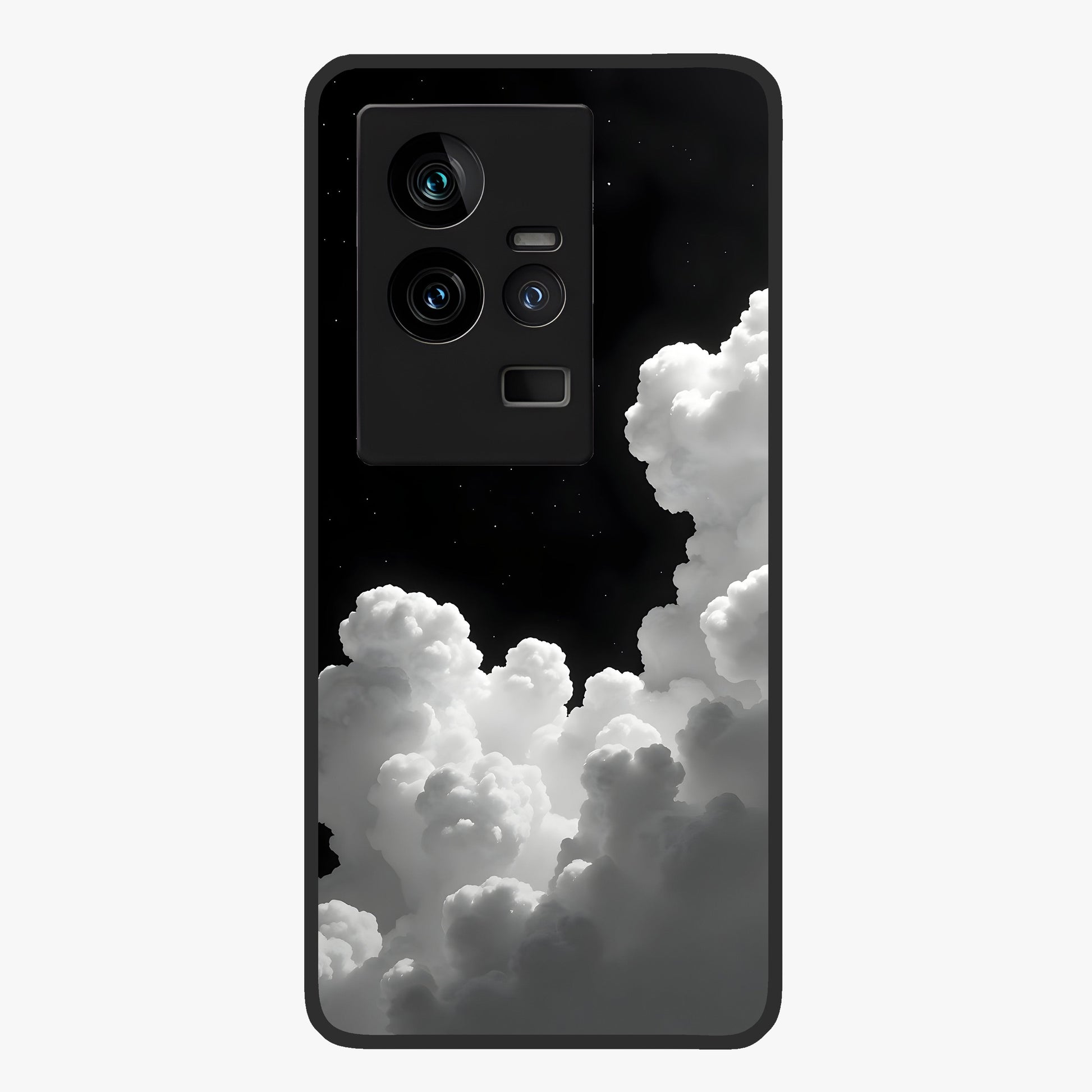 Black Background With White Cloud Glass Case showing flat back view with minimal cloud artwork on dark background and glossy glass finish.