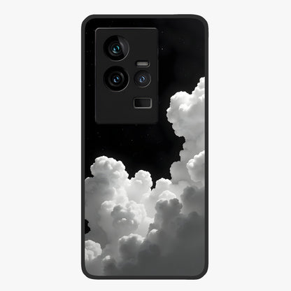 Black Background With White Cloud Glass Case showing flat back view with minimal cloud artwork on dark background and glossy glass finish.