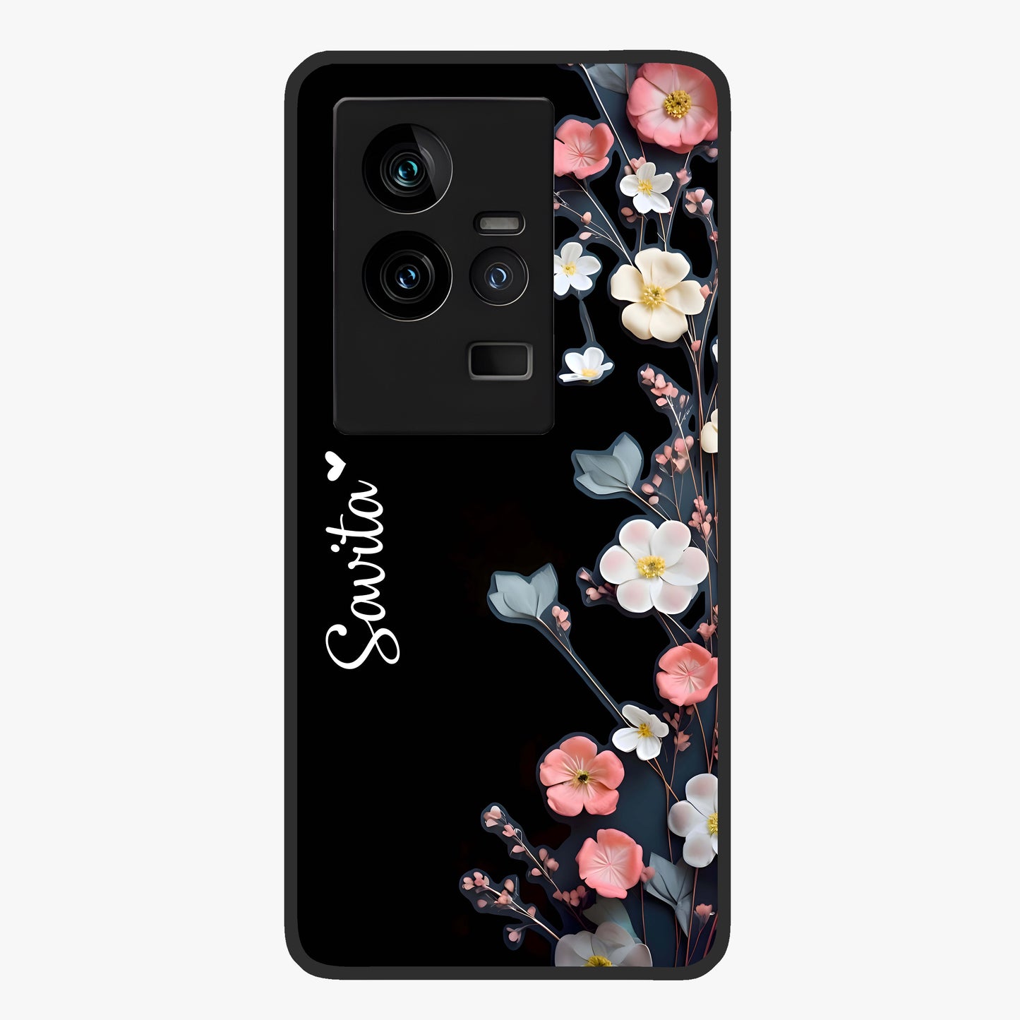 Black Elegance Floral Custom Name Glass Case showing flat back view with elegant floral artwork and personalized name design.