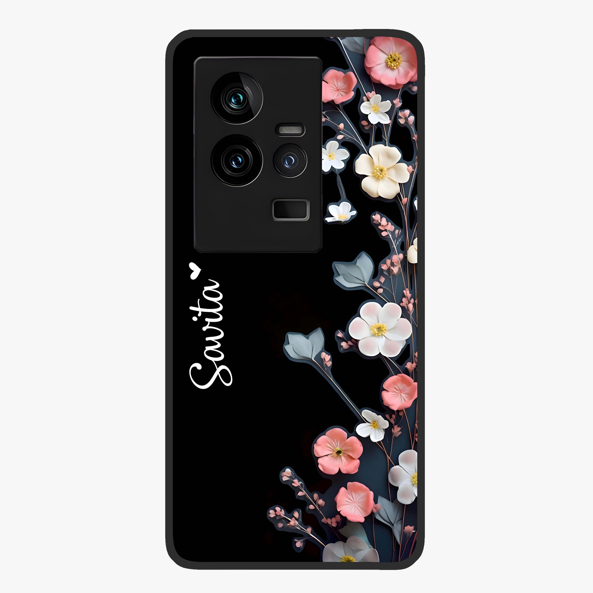 Black Elegance Floral Custom Name Glass Case showing flat back view with elegant floral artwork and personalized name design.