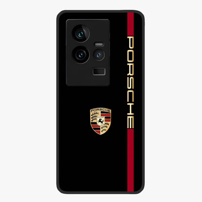 Black Minimal Porsche Glass Case showing flat back view with sleek minimal sports car artwork and glossy glass finish.