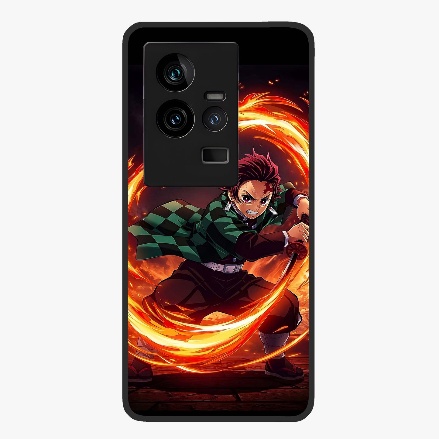 Blazing Sword Resolve Glass Case showing flat back view with fiery sword artwork and glossy glass finish.