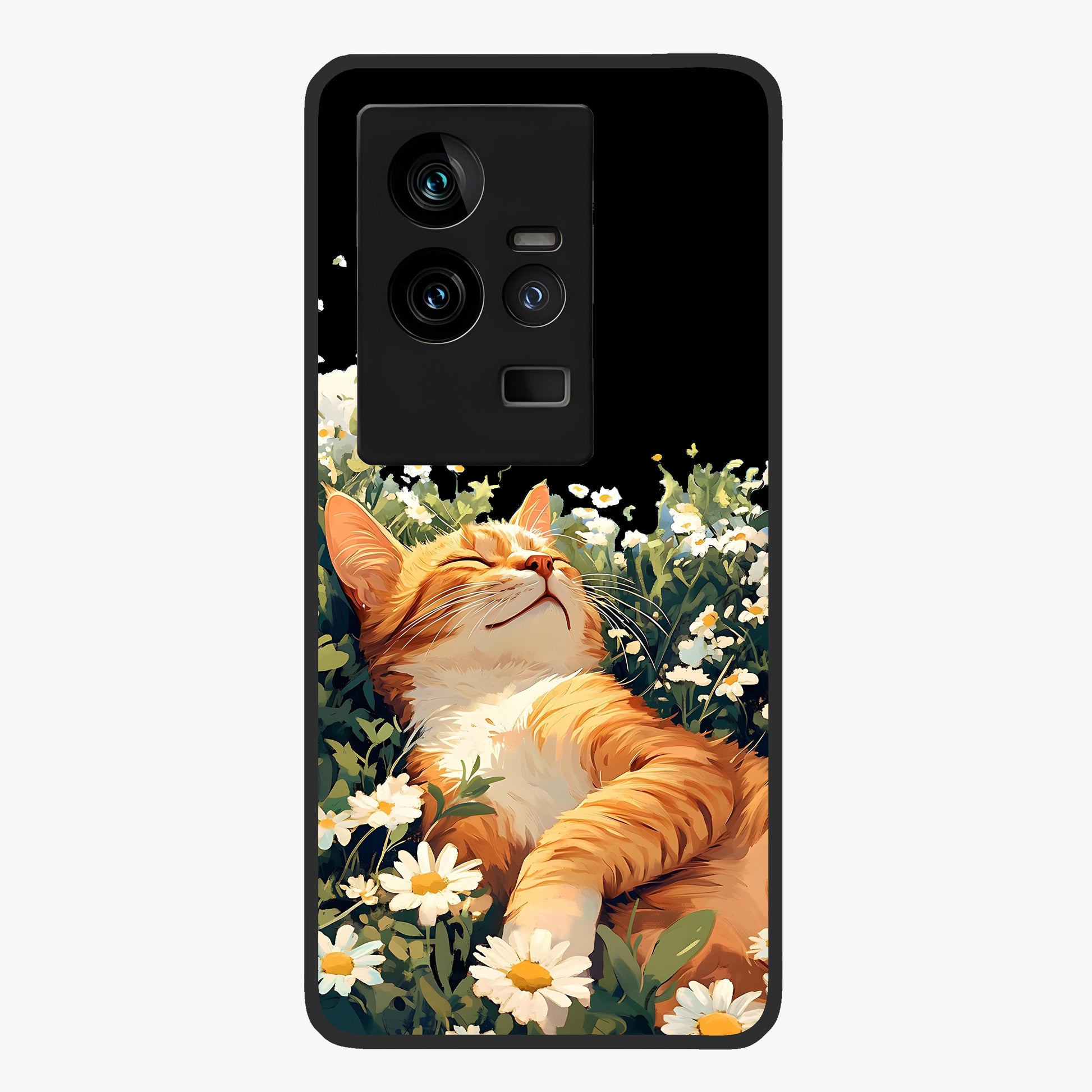 Blissful Bloom Cat Glass Case showing flat back view with cute cat and floral bloom artwork and glossy glass finish.