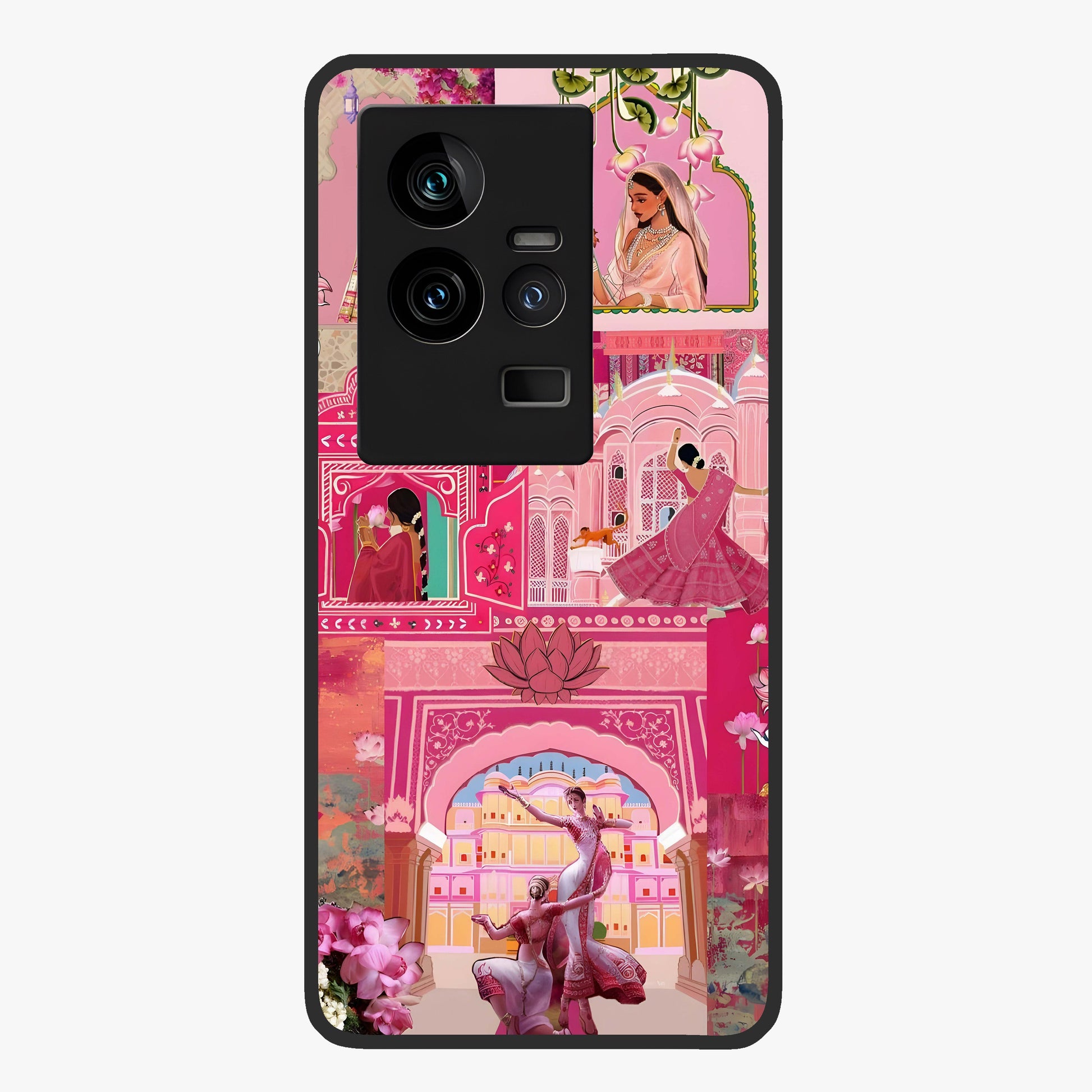 Blossoms of Rajasthan Glass Case showing flat back view with traditional floral artwork inspired by Rajasthan and glossy glass finish.