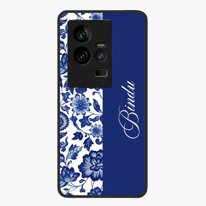 Blue Vintage Floral Pattern Glass Case upright view showcasing timeless floral illustration with vintage inspired style.