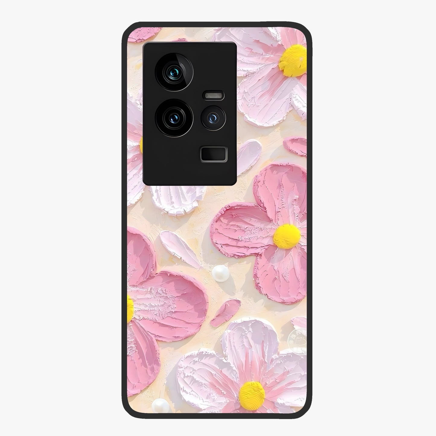 Blush Bloom Texture Glass Case showing flat back view with soft blush floral texture artwork and glossy glass finish.