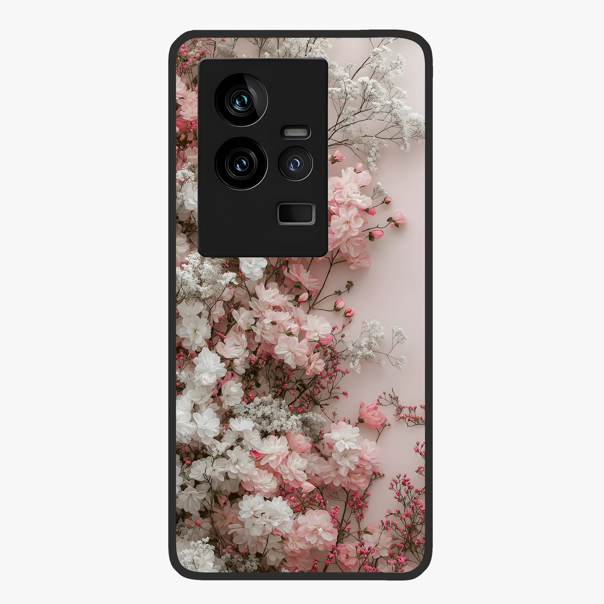Blush Blossom Cloud Glass Case showing flat back view with dreamy blush cloud blossom artwork and glossy glass finish.