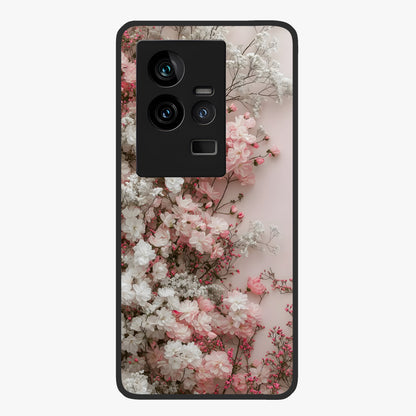 Blush Blossom Cloud Glass Case showing flat back view with dreamy blush cloud blossom artwork and glossy glass finish.