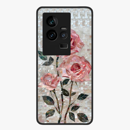 Blush Mosaic Bloom Glass Case showing flat back view with mosaic floral bloom artwork and glossy glass finish.