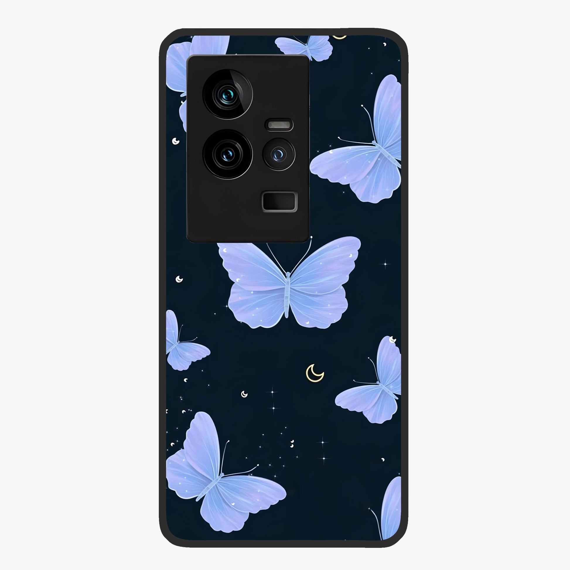 Butterfly With Stars Pattern Glass Case showing flat back view with butterfly and star pattern artwork and glossy glass finish.