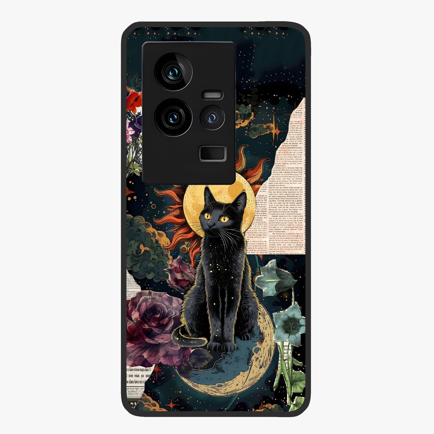 Celestial Black Cat Glass Case showing flat back view with mystical black cat artwork and glossy glass finish.