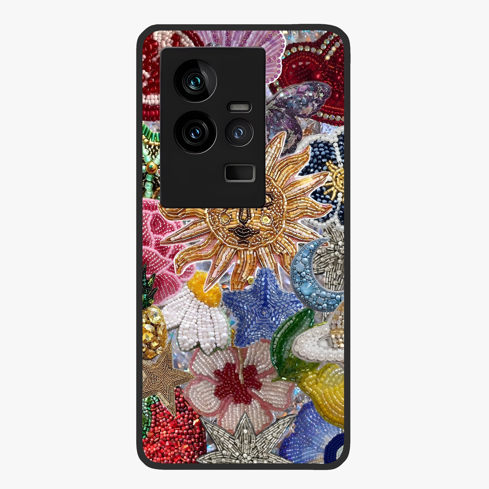 Celestial Floral and Playful Glass Case showing flat back view with floral and celestial themed artwork and glossy glass finish.