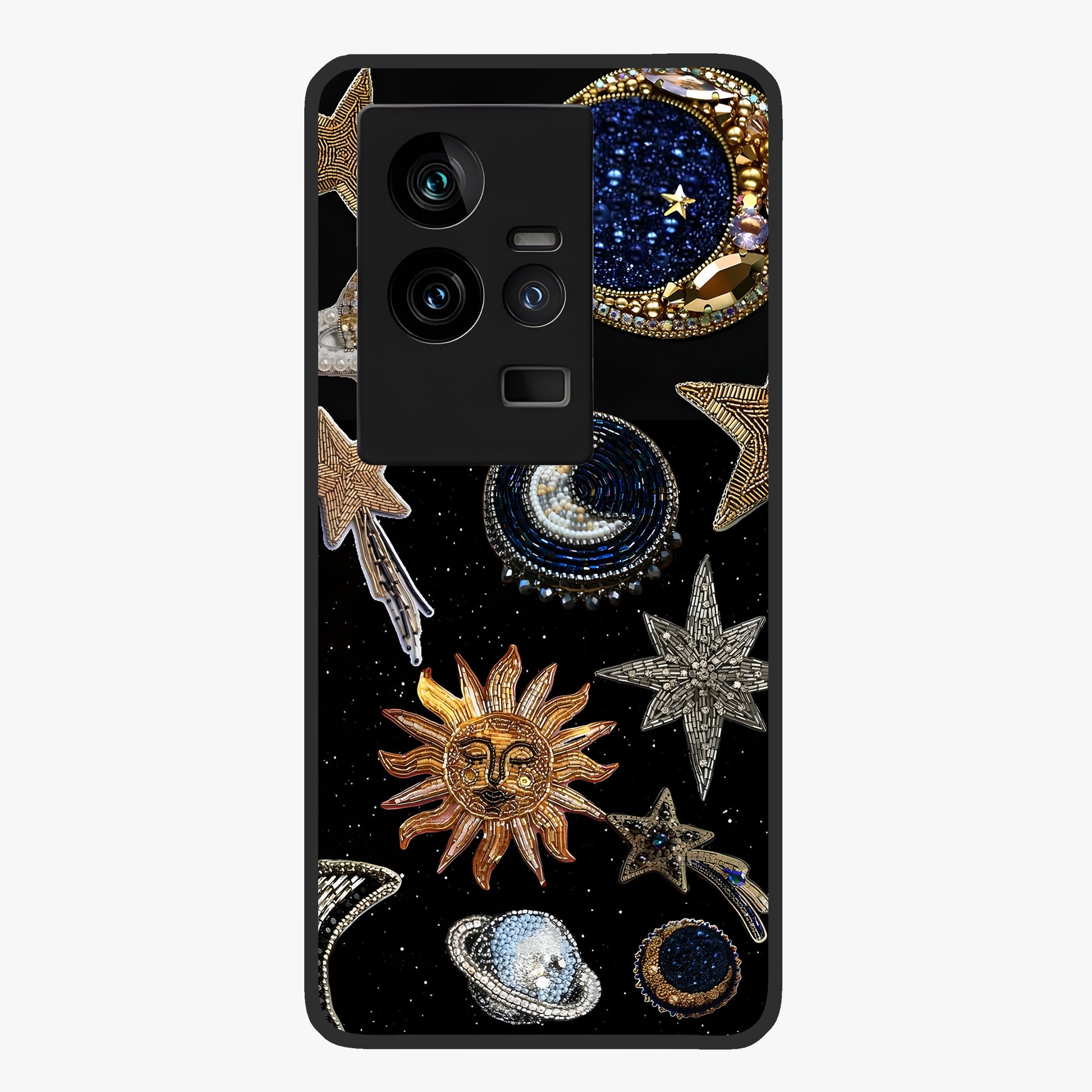 Celestial Gem Constellations Glass Case showing flat back view with sparkling constellation artwork and glossy glass finish.