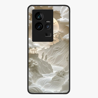 Celestial Origami Glass Case showing flat back view with artistic origami inspired celestial artwork and glossy glass finish.