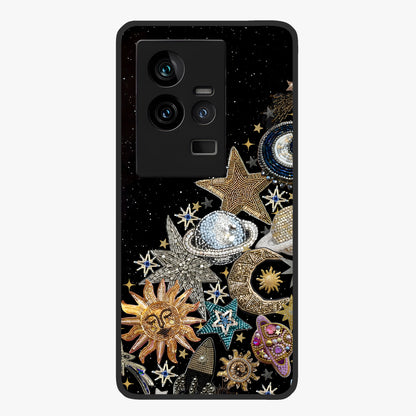 Cosmic Sparkle Dreams Glass Case showing flat back view with sparkling cosmic artwork and glossy glass finish.