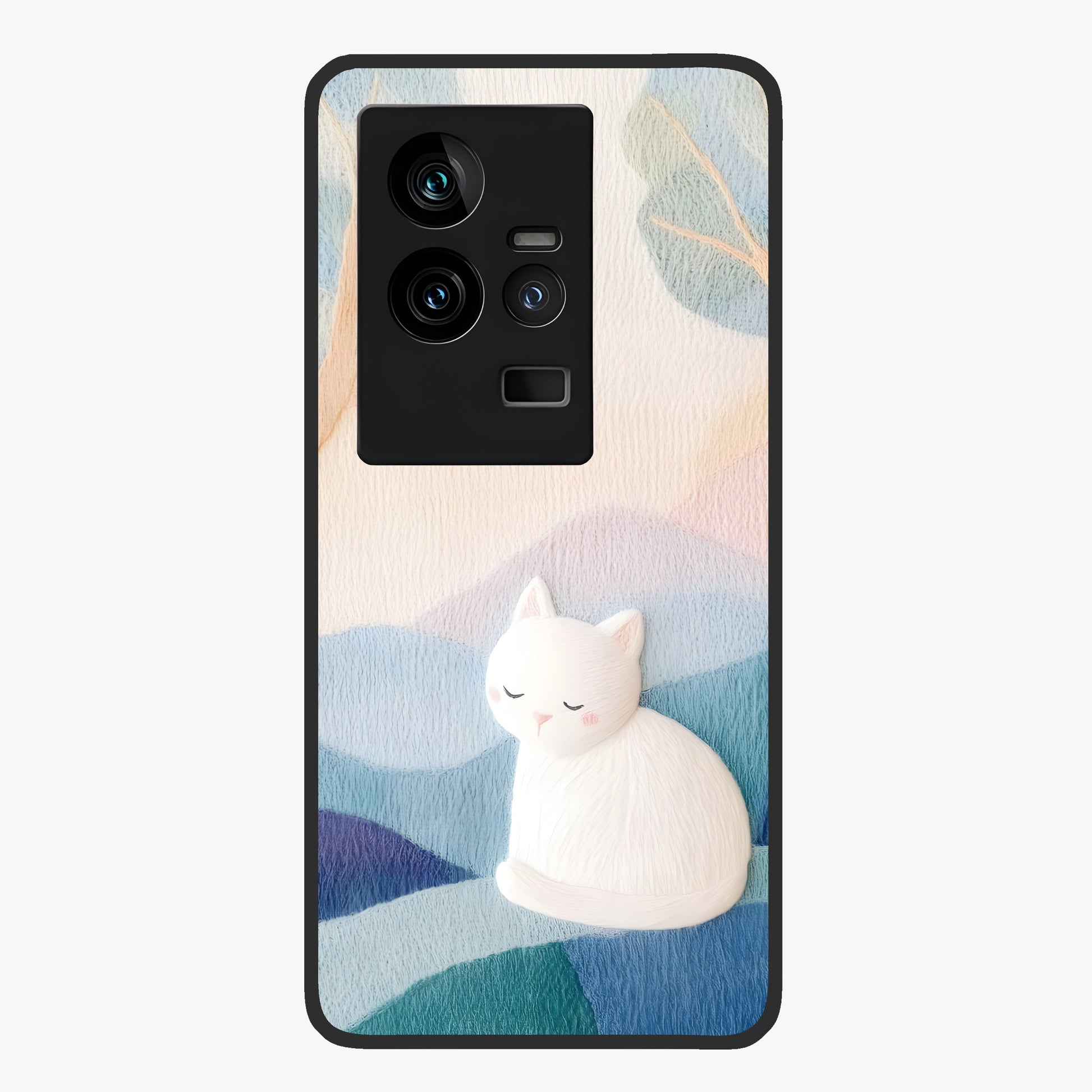 Cotton Dream Cat Glass Case showing flat back view with soft dreamy cat artwork and glossy glass finish.