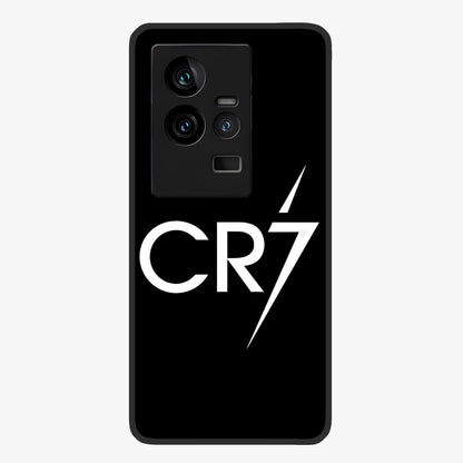 Cr7 Elite Strike Glass Case showing flat back view with dynamic football inspired artwork and glossy glass finish.